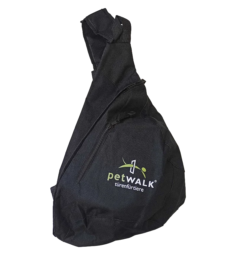 Black petWALK sling bag with logo, designed for pet door installers and technicians
