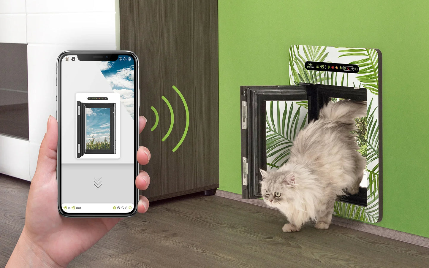 Smart pet door with app control and cat passing through, featuring leaf-patterned design and digital display