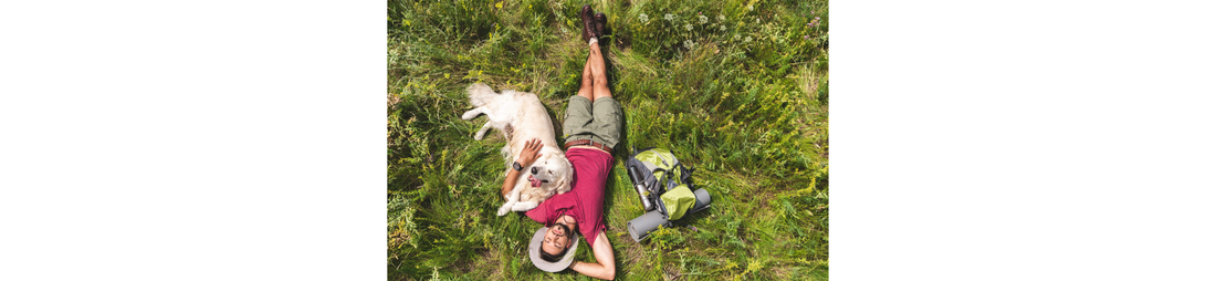 Man relaxing with golden retriever on grassy field, enjoying outdoor freedom with pet