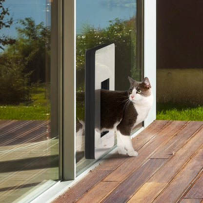 Katze geht durch petWALK Tür die in Glaswand verbaut ist nach draußen auf die Terasse.