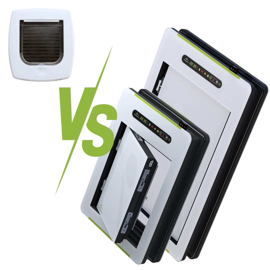 Vergleichendes Foto von einer Katzenklappe zu den petWALK Tiertüren in Medium und Large.