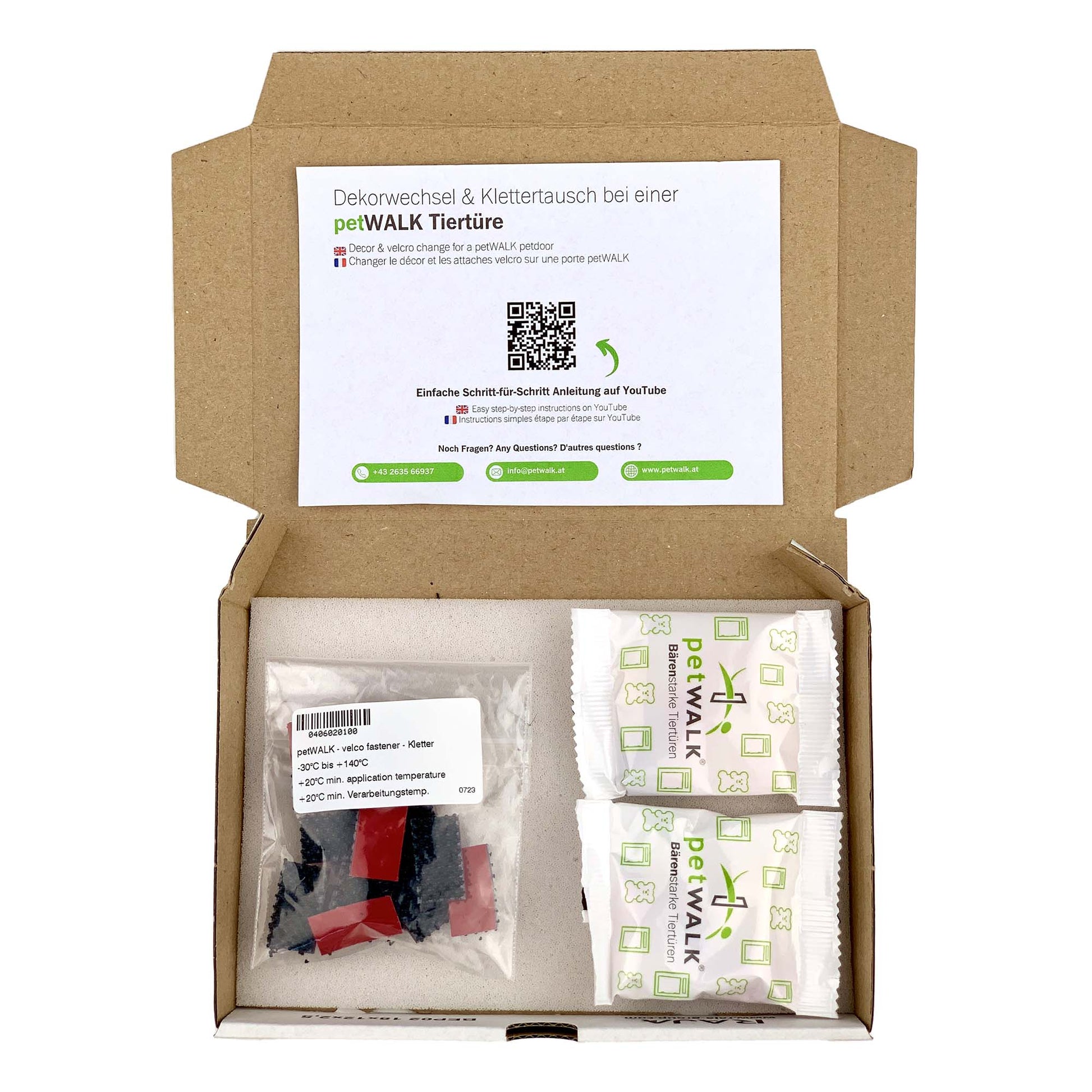 Ersatzklettverschlüsse in Verpackung mit Anleitung zu Dekorwechsel und Klettertausch.