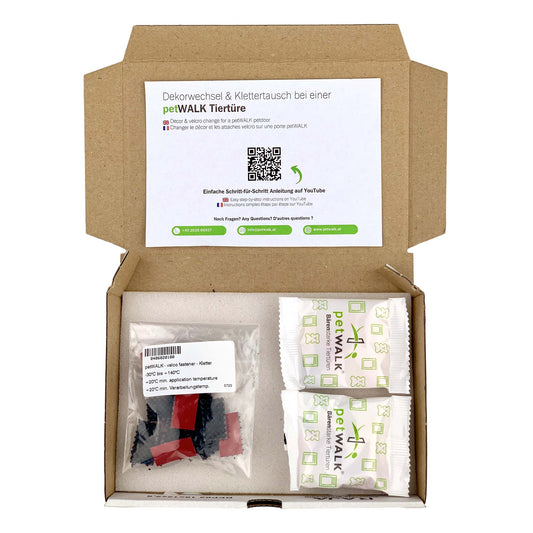 Ersatzklettverschlüsse in Verpackung mit Anleitung zu Dekorwechsel und Klettertausch.