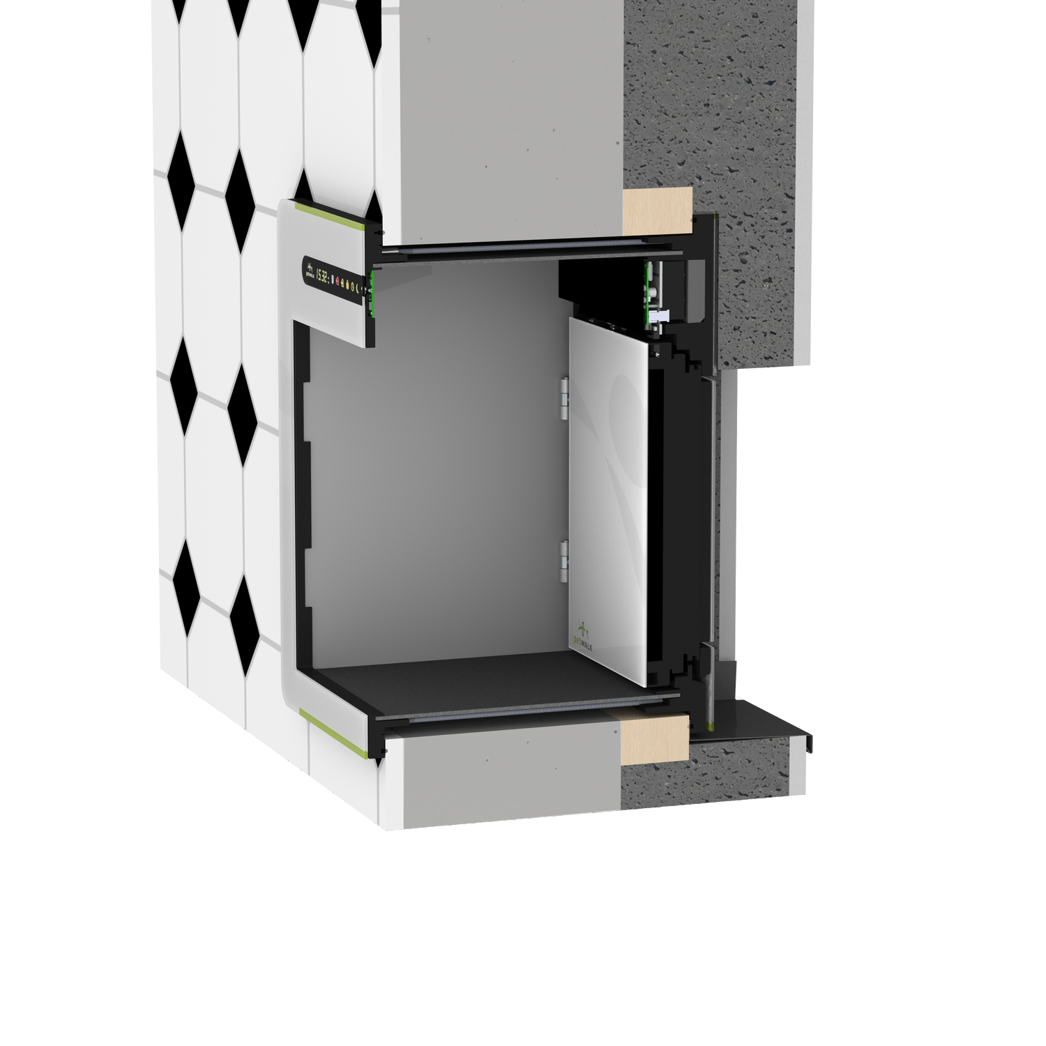 Darstellung des petWALK Einbaus in einer Wand.